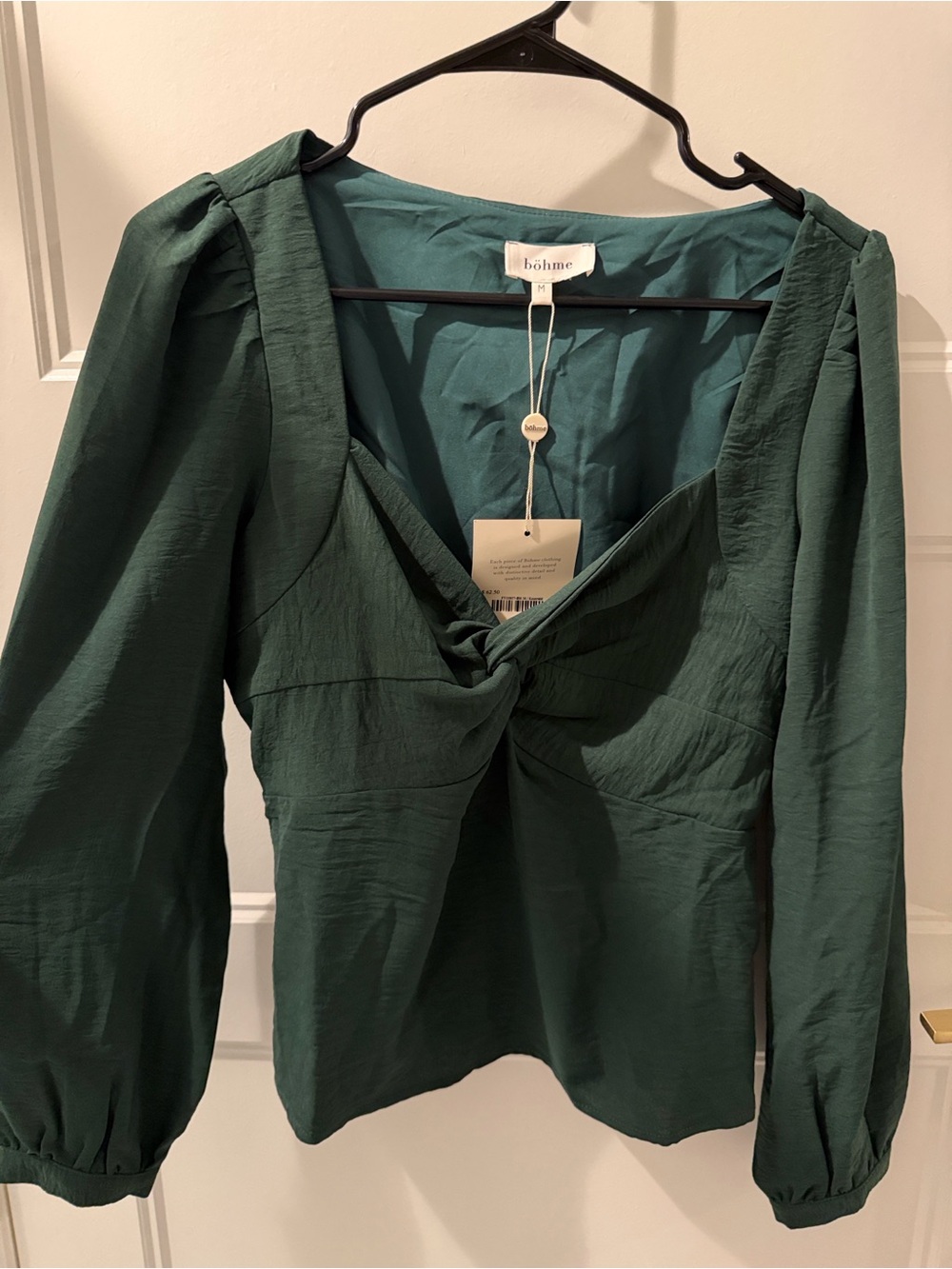 bohme Green Twist-Front Peplum Long Sleeve Blouse NWT